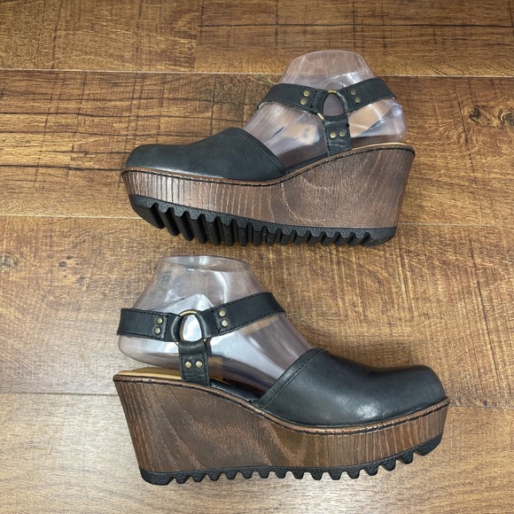 B.O.C - "Rina" Black/Brown Leather Wedge Mary Jane Sling Back Clog Wedges - 7 - Picture 1 of 16